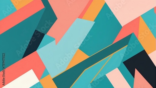 Modern geometric shapes and diagonal lines create a dynamic background with a minimalist style and vibrant shades of turquoise, coral, and goldenrod.