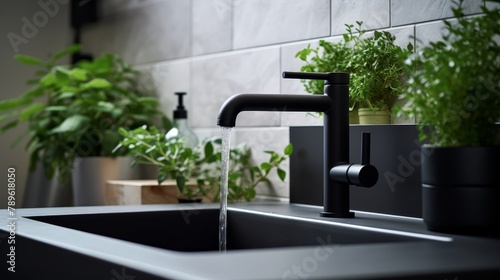 A close-up view of a chic black water tap with a contrasting white sink and a decorative green plant, capturing contemporary kitchen elegance in 4k