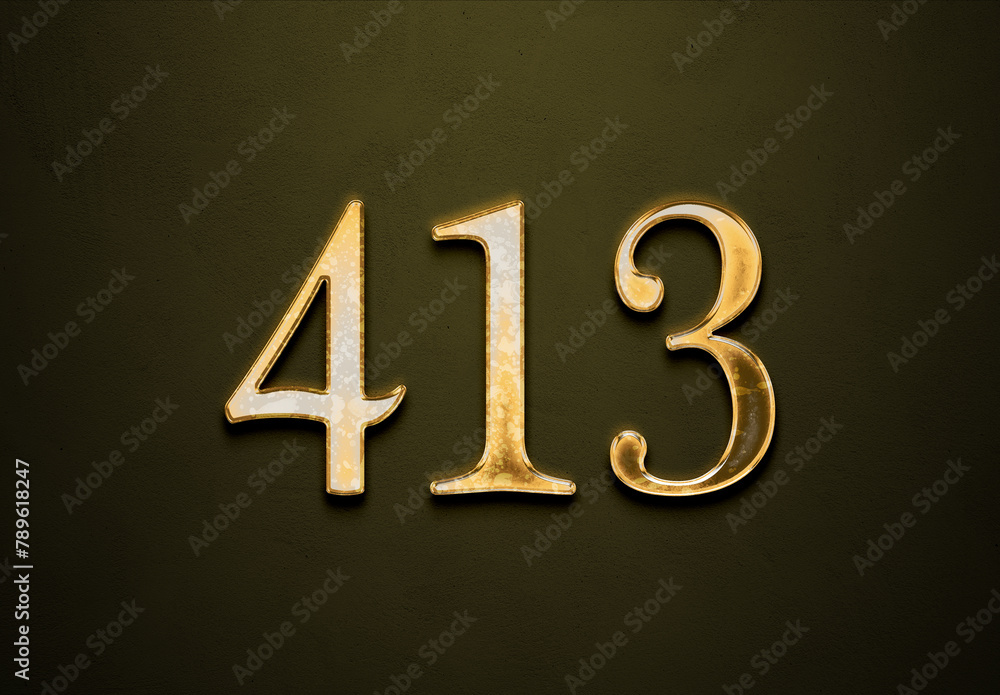 Old gold effect of 413 number with 3D glossy style Mockup. Old gold effect of 413 number with 3D glossy style Mockup.