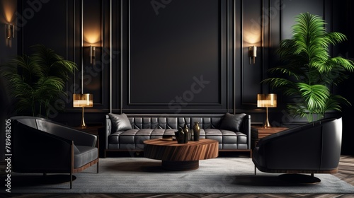 Chic Business Lounge, Sumptuous black and gray furnishings set against a black wall with wooden accents, exemplifying luxury and style in a close-up, realistic view