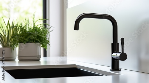 Close-up of a sleek black kitchen faucet over a white sink, accented by a vibrant green plant, showcasing modern elegance in high-resolution