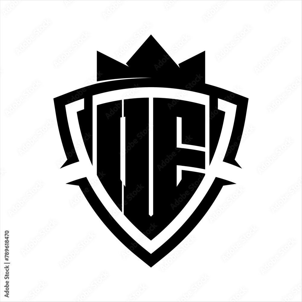 OE Letter bold monogram triangle curve shield shape with crown black and white background color design OE Letter bold monogram triangle curve shield shape with crown black and white background color design