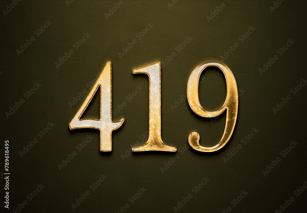 Old gold effect of 419 number with 3D glossy style Mockup. Old gold effect of 419 number with 3D glossy style Mockup.