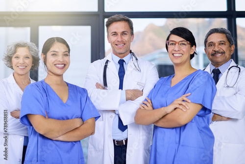 Teamwork  healthcare and portrait of doctors with crossed arms for medical service  insurance or collaboration. Professional  hospital and men and women in clinic for wellness  medicare or consulting