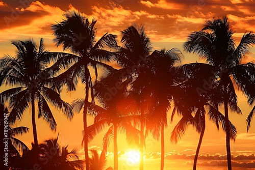   Silhouette of palm trees swaying gently against a fiery sunrise.