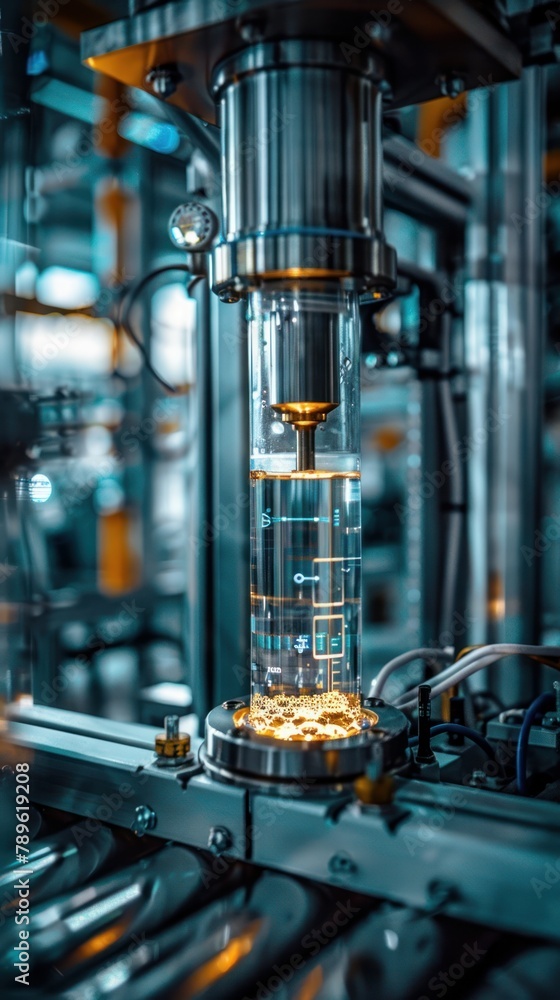 A close up of a glass cylinder with a clear liquid inside. The cylinder is surrounded by metal machinery. A close up of a glass cylinder with a clear liquid inside. The cylinder is surrounded by metal machinery.
