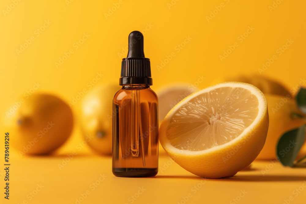 Amber dropper bottle with essential oil on a vibrant lemon slice backdrop Amber dropper bottle with essential oil on a vibrant lemon slice backdrop