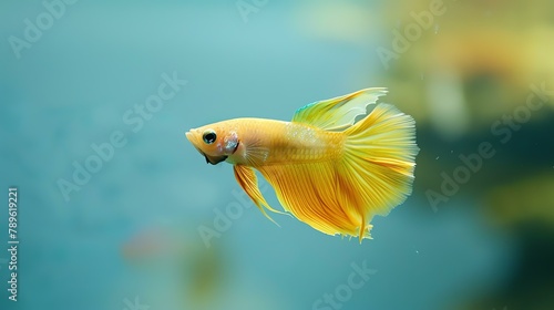 The image is of a beautiful betta fish with vibrant yellow fins, swimming gracefully in a blue water tank.