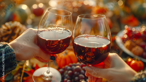 Toasting with red wine glasses against an autumnal harvest backdrop