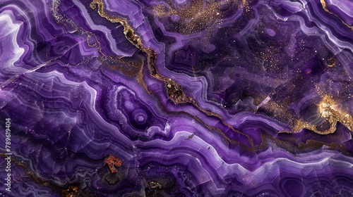 Abstract purple and gold marble texture with glitter.