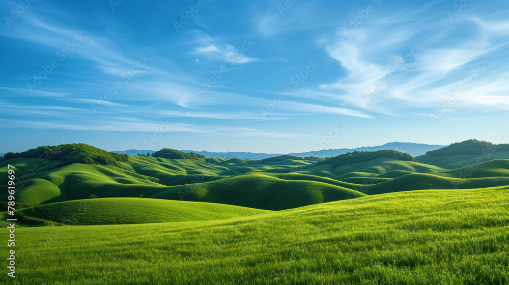 Vast Green Hills under a Clear Blue Sky in Idyllic Countryside Panorama