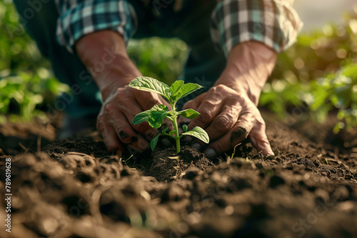 Close-up of hands nurturing a young plant in fertile soil