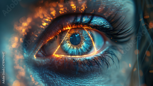 Macro shot of a human eye with a glowing triangular highlight