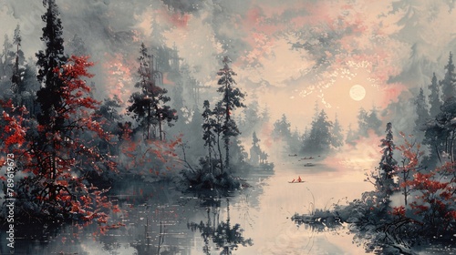 Vintage wallpaper design featuring red foxes in a dense misty forest at dawn