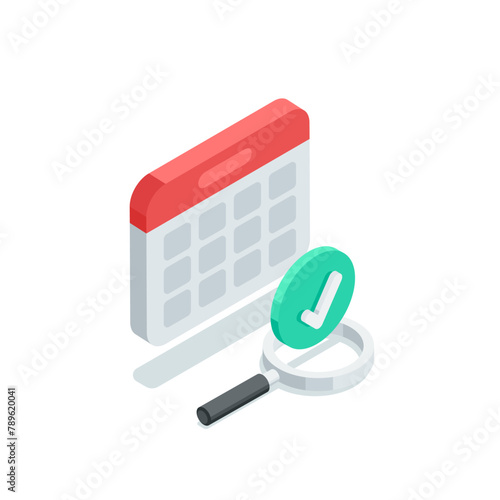 isometric vector calendar and magnifying glass with a check mark, in color on a white background, archive search