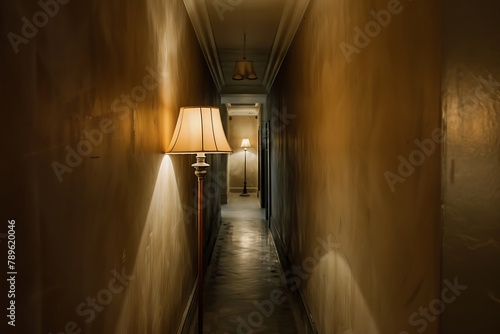 : Single lamp illuminating a dark hallway