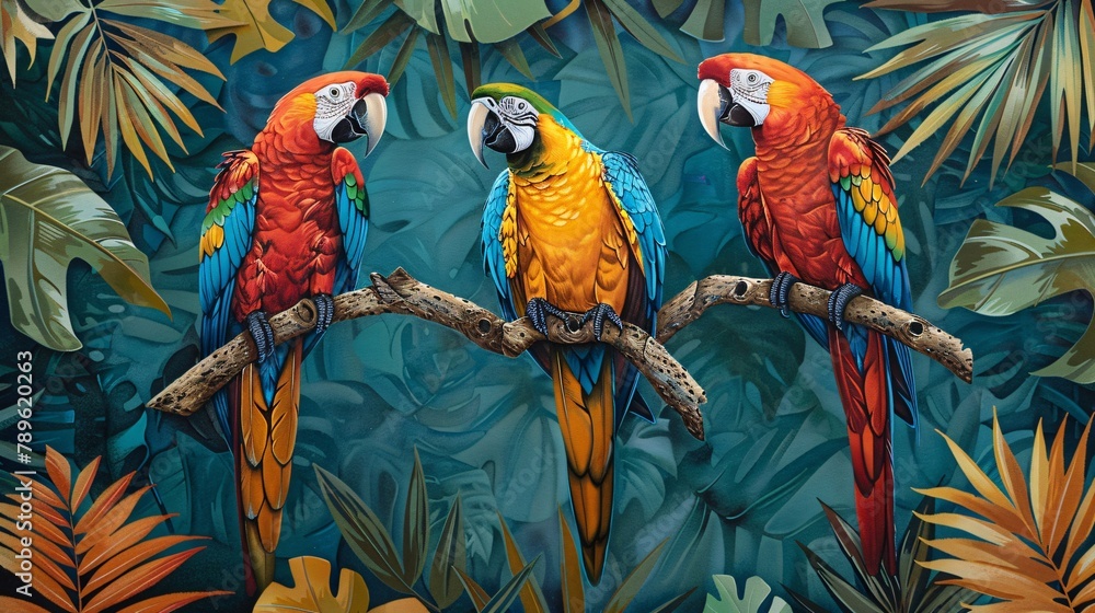 Fototapeta premium Vintage wallpaper design with colorful macaws perched in a vibrant Amazon canopy