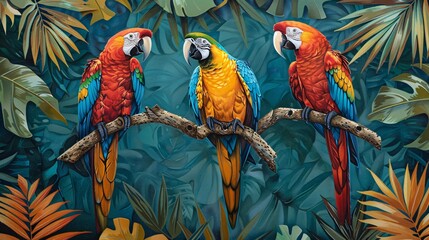 Crédence de cuisine  Vintage wallpaper design with colorful macaws perched in a vibrant Amazon canopy  © Sara_P
