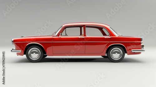 The image shows a red vintage car from the 1960s with a white background. The car is a four-door sedan with a long hood and a short trunk.