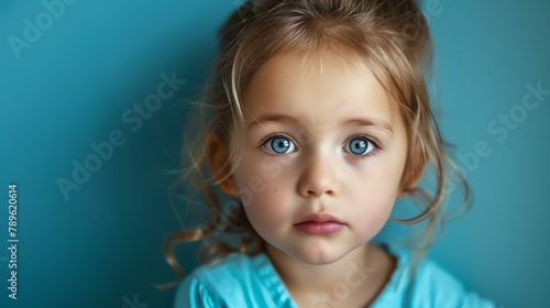 Little girl with big blue eyes looking at the camera with a serious expression on her face.