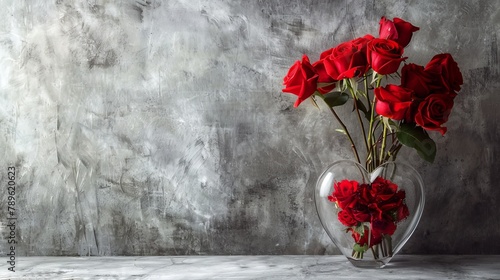 Red roses in a heart shaped vase, plain gray background    photo