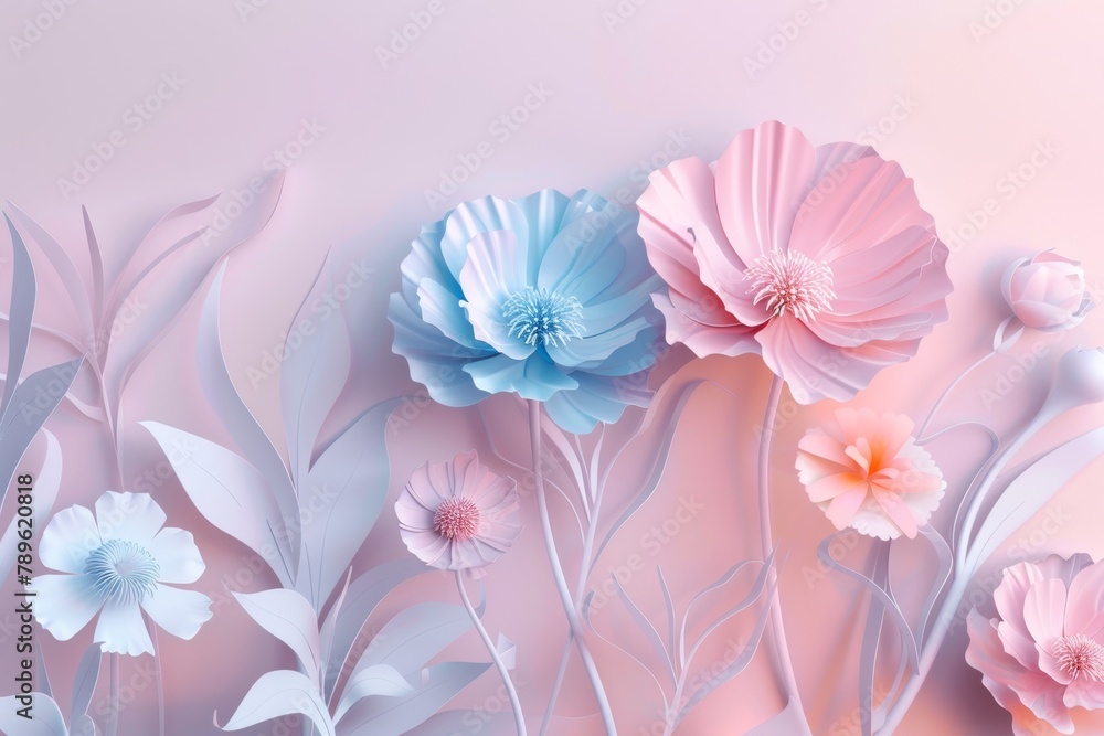 Paper cut flowers in pastel shades on a pink background