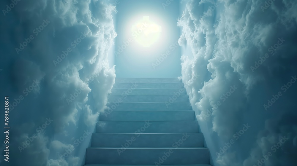 Set of stairs ascend through cumulus clouds towards electric blue sky