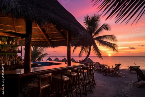 A Tropical Beach Bar at Sunset, Nestled Between Palm Trees with a View of the Crystal Clear Ocean and a Colorful Sky
