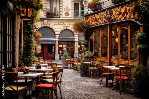 A Charming Afternoon in a Historic European Cafe, Complete with Cobblestone Streets, Wrought Iron Tables, and Freshly Baked Pastries © aicandy