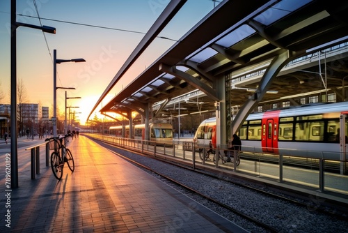 A Vibrant Suburban Train Station at Dawn with a Busy Bike Rental Stand, Illuminated by the First Rays of Sunlight