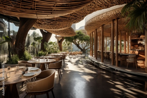 A Unique Hybrid Indoor-Outdoor Restaurant with a Modern Architectural Design  Blending Natural Elements and Contemporary Style