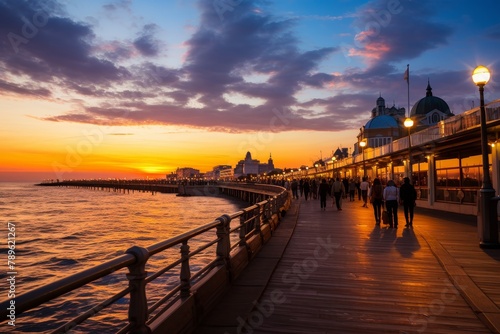 A Vibrant Sunset Over a Bustling Public Pier, Filled with Tourists and Locals Enjoying the Seaside Atmosphere
