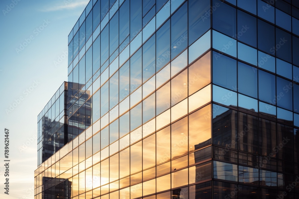 Modern Office Block with Extended Window Sections at the Ends, Reflecting the Surrounding Cityscape in its Glass Facade Modern Office Block with Extended Window Sections at the Ends, Reflecting the Surrounding Cityscape in its Glass Facade