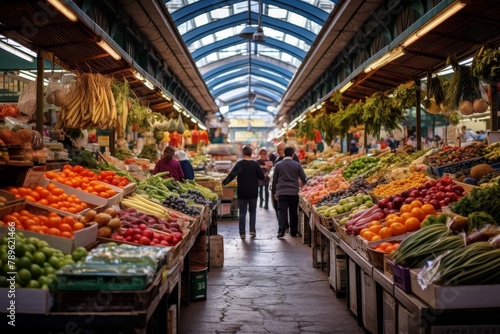 Bustling Fruit and Vegetable Market with Colorful Outdoor Stands, Shoppers Engaging with Vendors, and a Variety of Fresh Produce on Display