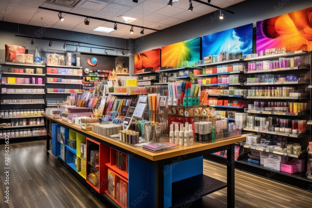 A Vibrant Art Supply Store Bursting with Colorful Paints, Brushes, Sketchbooks, and Creative Tools for Artists of All Levels