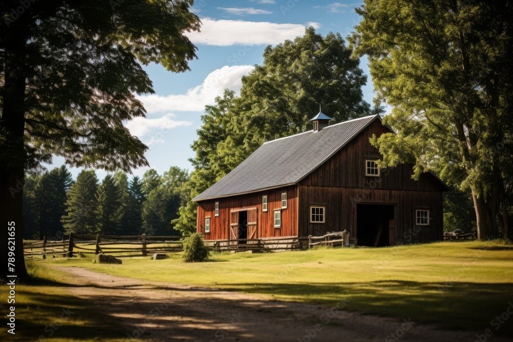 A Traditional Wooden Barn Nestled in the Lush Green Countryside, Surrounded by Tall Trees and a Clear Blue Sky A Traditional Wooden Barn Nestled in the Lush Green Countryside, Surrounded by Tall Trees and a Clear Blue Sky