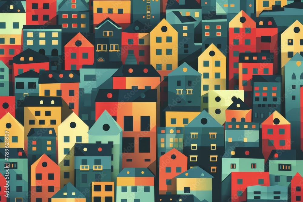 A vibrant, colorful illustration of stacked urban houses in a variety of warm tones against a soft orange background..