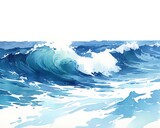 A dynamic sketch of tidal waves approaching a deserted shore, impending force and natural power, deep blues and urgent whites, white background, vivid watercolor, 100 isolate