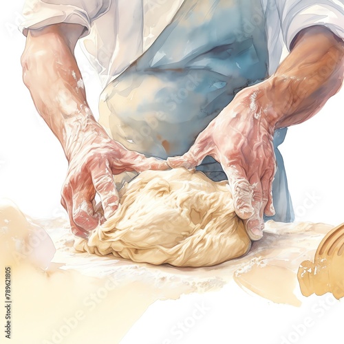 A dynamic sketch of a baker kneading dough on a floured surface, the motion and texture of the dough and hands at work, white background, vivid watercolor, 100 isolate