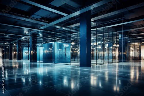 A Denim Blue Networking Room Filled with High-Tech Equipment, Illuminated by Soft Overhead Lighting, Reflecting on the Polished Concrete Floor photo