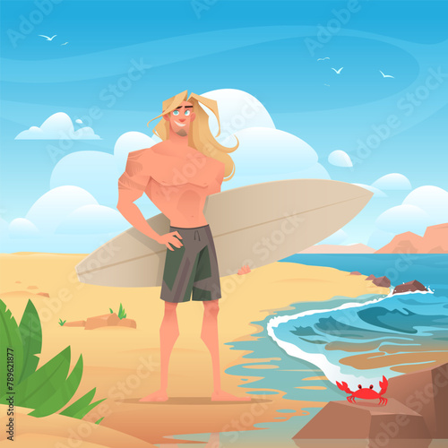 Long haired guy or man with surfboard on the golden sandy beach. Ocean and sky with clouds. Beautiful landscape. Red crab on a rock. Flat cartoon vector illustration