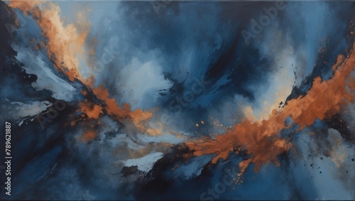 Moody abstract painted background in midnight blue, slate gray, and rusty brown. © xKas