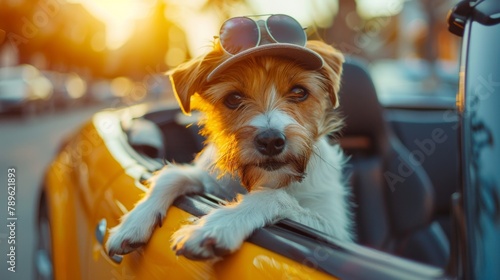Trendy hat wearing Small dog breed Jack Russell Terrier looks out the open window of the car. Closeup
