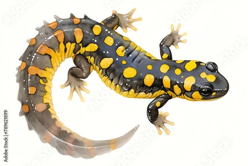 A dynamic watercolor of a Spotted Salamander, secreting toxins through its skin, vibrant yellows and deep blacks, white background, vivid watercolor, 100% isolate