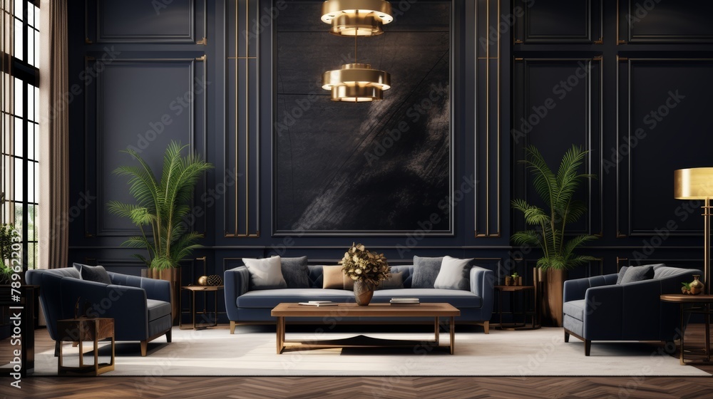 Elegant Reception Room, Explore the sophisticated charm of a business lounge designed in navy and gray, set against a luxurious black painted wall with decorative wood details Elegant Reception Room, Explore the sophisticated charm of a business lounge designed in navy and gray, set against a luxurious black painted wall with decorative wood details