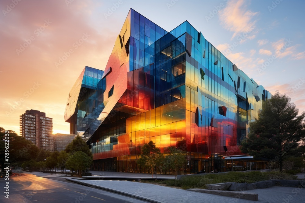 A Postmodern Office Building at Sunset, Reflecting the Vibrant Colors of the Sky on its Glass Facade, Surrounded by Lush Greenery