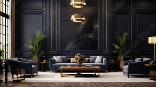 Elegant Reception Room, Explore the sophisticated charm of a business lounge designed in navy and gray, set against a luxurious black painted wall with decorative wood details