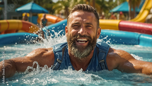Portrait of a man in a water park in summer happiness