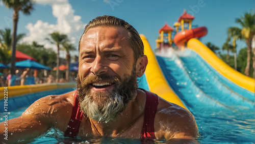 Portrait enjoyment man in a water park in summer
