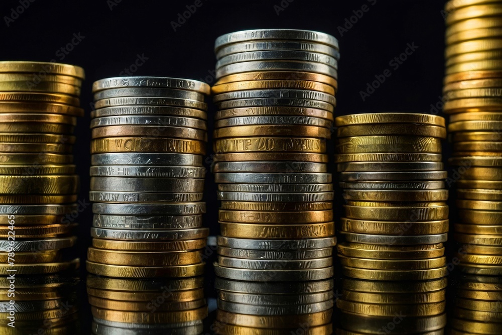 Assorted stacks of coins on black backdrop. Coins of different sizes and colors - gold, silver. Saving and accumulation concept Assorted stacks of coins on black backdrop. Coins of different sizes and colors - gold, silver. Saving and accumulation concept